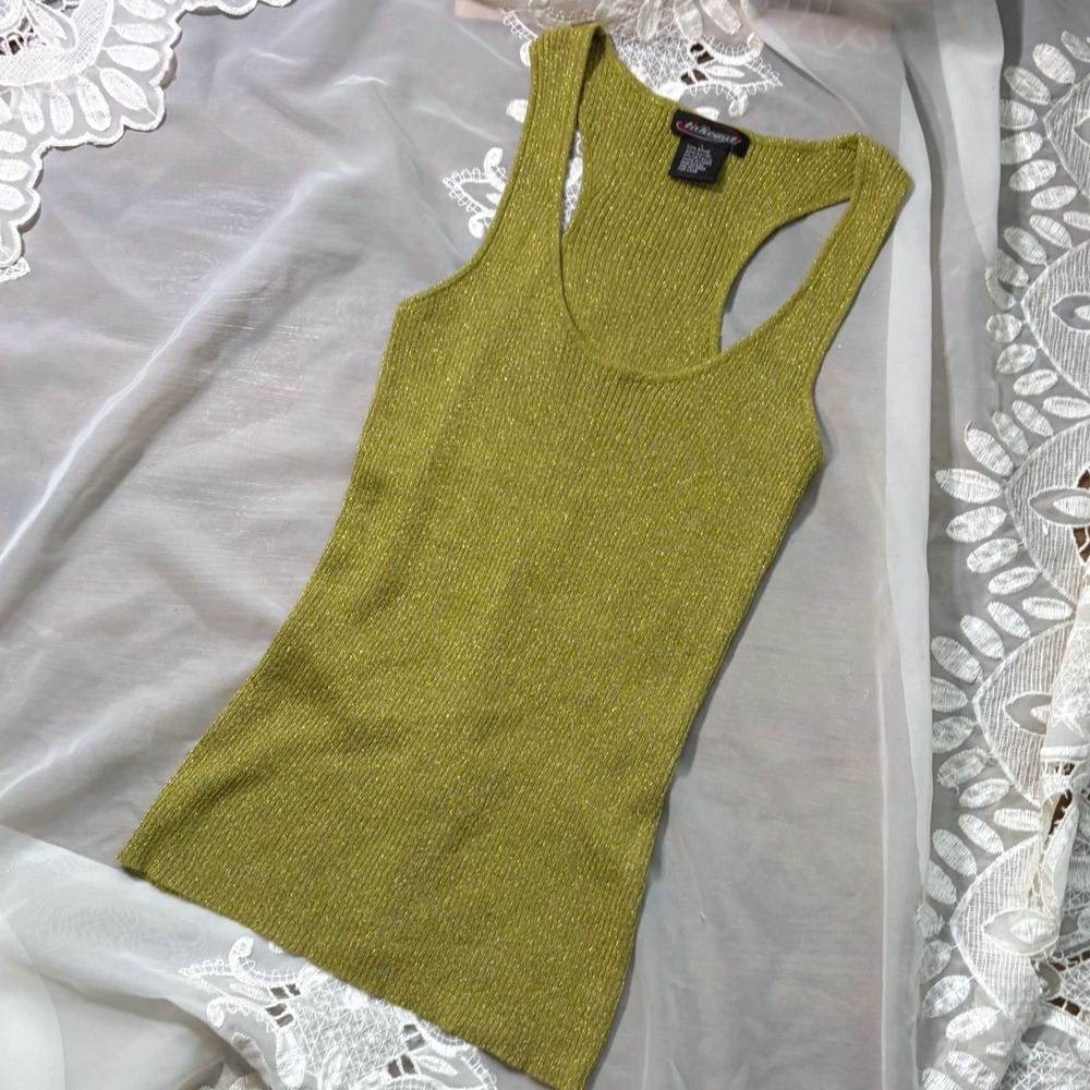 Y2K Mermaid Club Takeout Green Metallic Ribbed Knit Racerback Tank Top